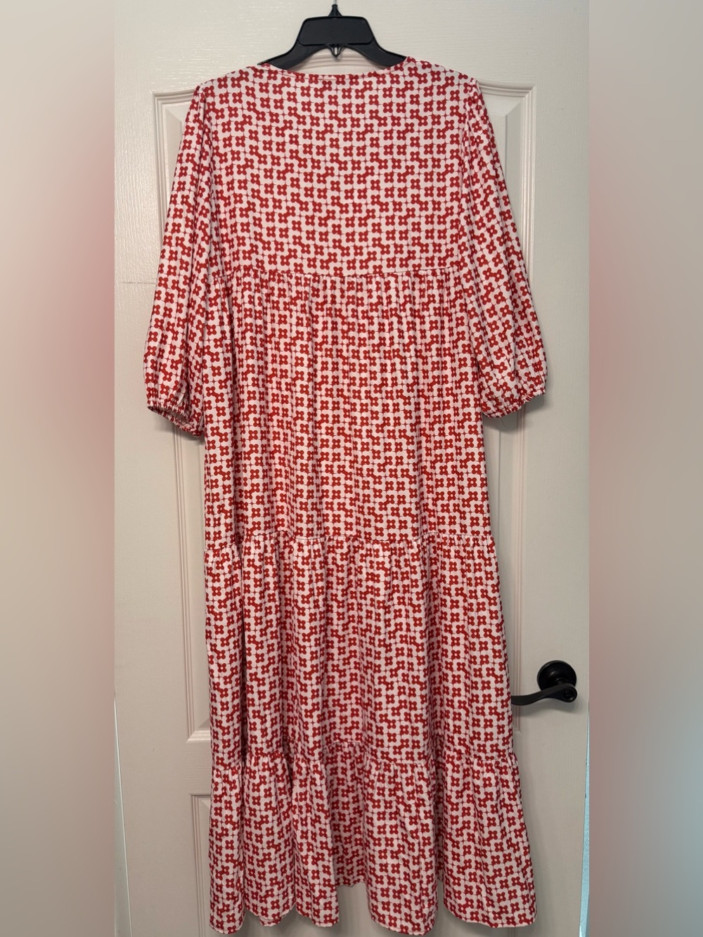 Cezele Boho Maxi Dress Medium Red White Geometric Print Tassel Tie Tiered - Picture 3 of 5